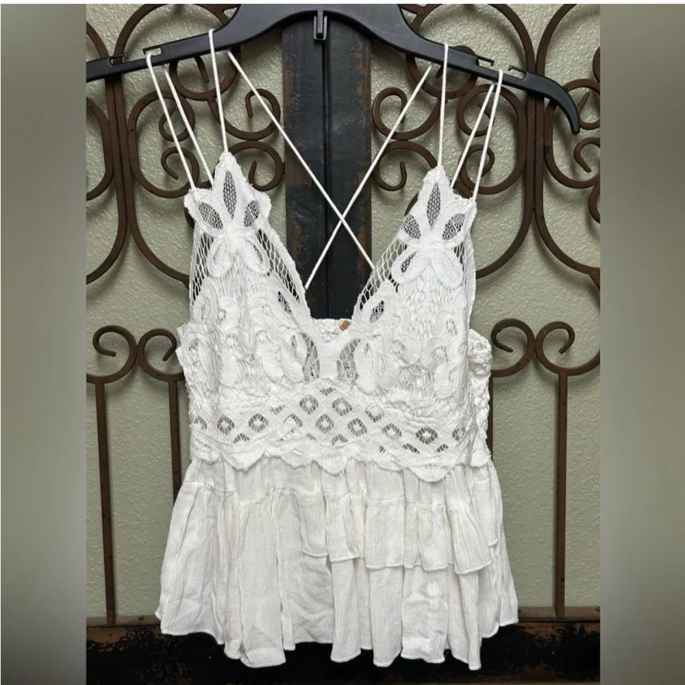 Free People Adele White Lace Spaghetti Strap smocked ruffle vneck Top